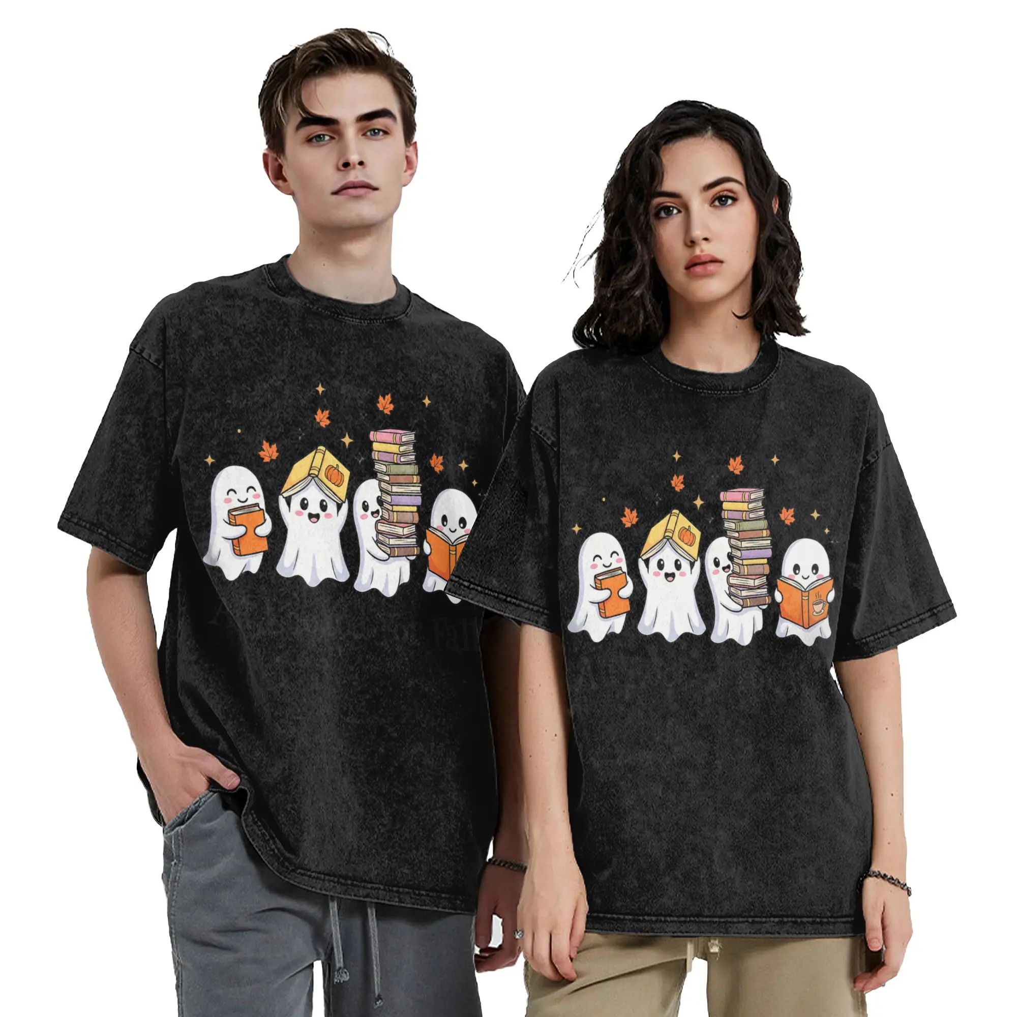 All Booked for Fall Halloween Ghost Washed T Shirts Hip Hop Vintage T-Shirts Humor Book Lover's Tees Men Women Cotton Graphic