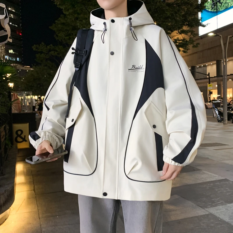 

Casual Men's Hooded Jackets Spring Autumn Youth Streetwear Zipper Windbreaker Outdoor Loose Cargo Coat High Quality Top Clothing