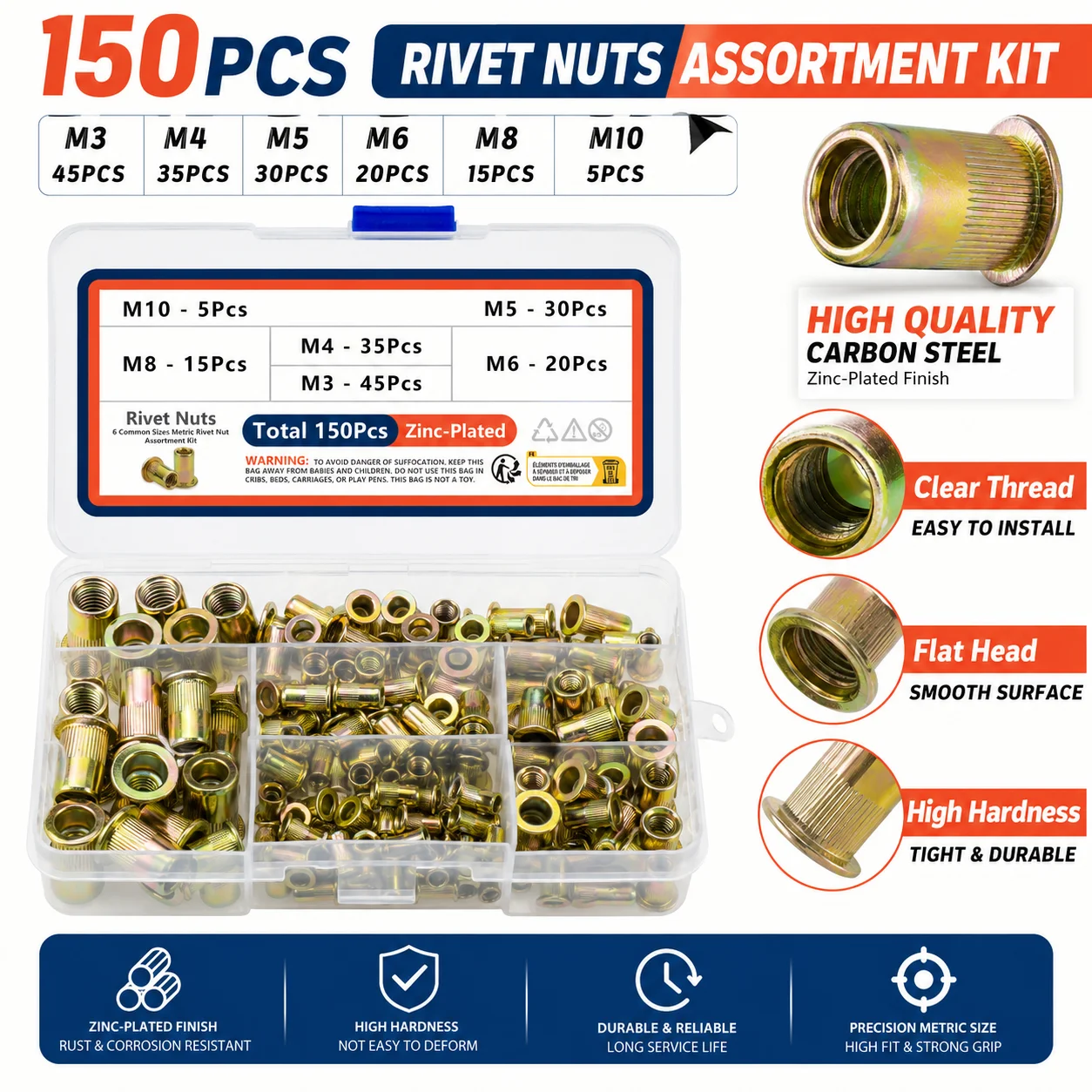 Metric Rivet Nut Assortment Kit (150Pcs) M3 M4 M5 M6 M8 M10 Flat Head Rivnut Zinc Plated Carbon Steel Threaded Insert Nut
