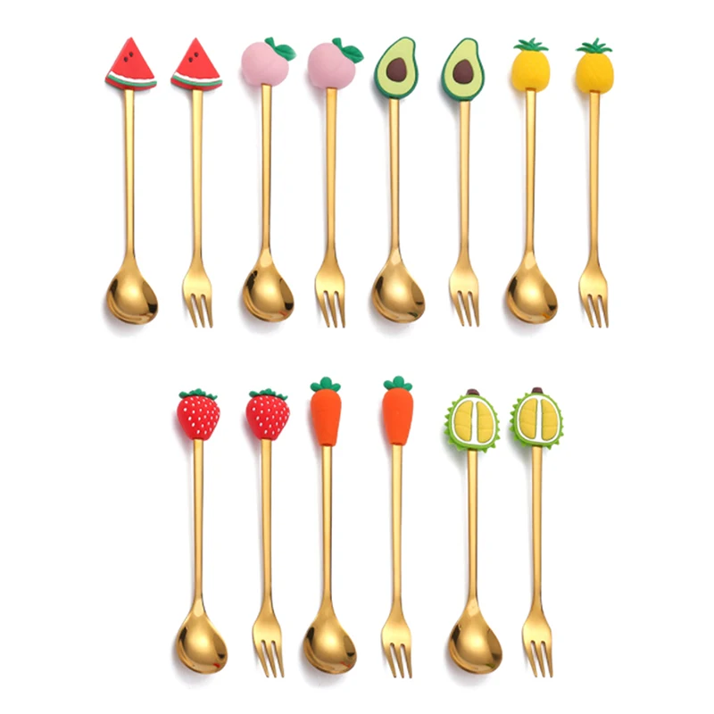 Cuchara pequeña de dibujos animados para niños, tenedor de acero inoxidable, Macaron, cucharas de postre, juego de frutas, accesorios de cocina