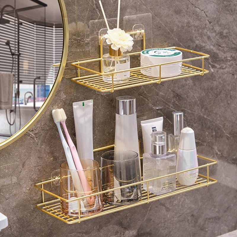 Hole-Free Wall-Mounted Mouthwash Cup Storage Rack, Light Luxury Black Gold Sanitary Bathroom Rack Bathroom Accessories