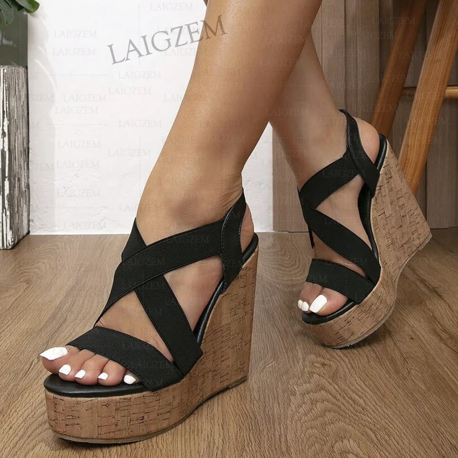 Yapo Women's Sandals Platform Wedges Elastic Bands High Heels Open Toe Handmade Pumps Ladies Shoes Woman Plus size 34 41 43 47