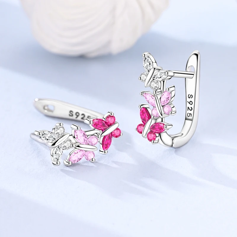 925 Sterling Silver Earrings Women Sparkling Flying Gradient Pink Butterfly Hoop Earring For Anniversary Wedding Jewelry Gifts view 2