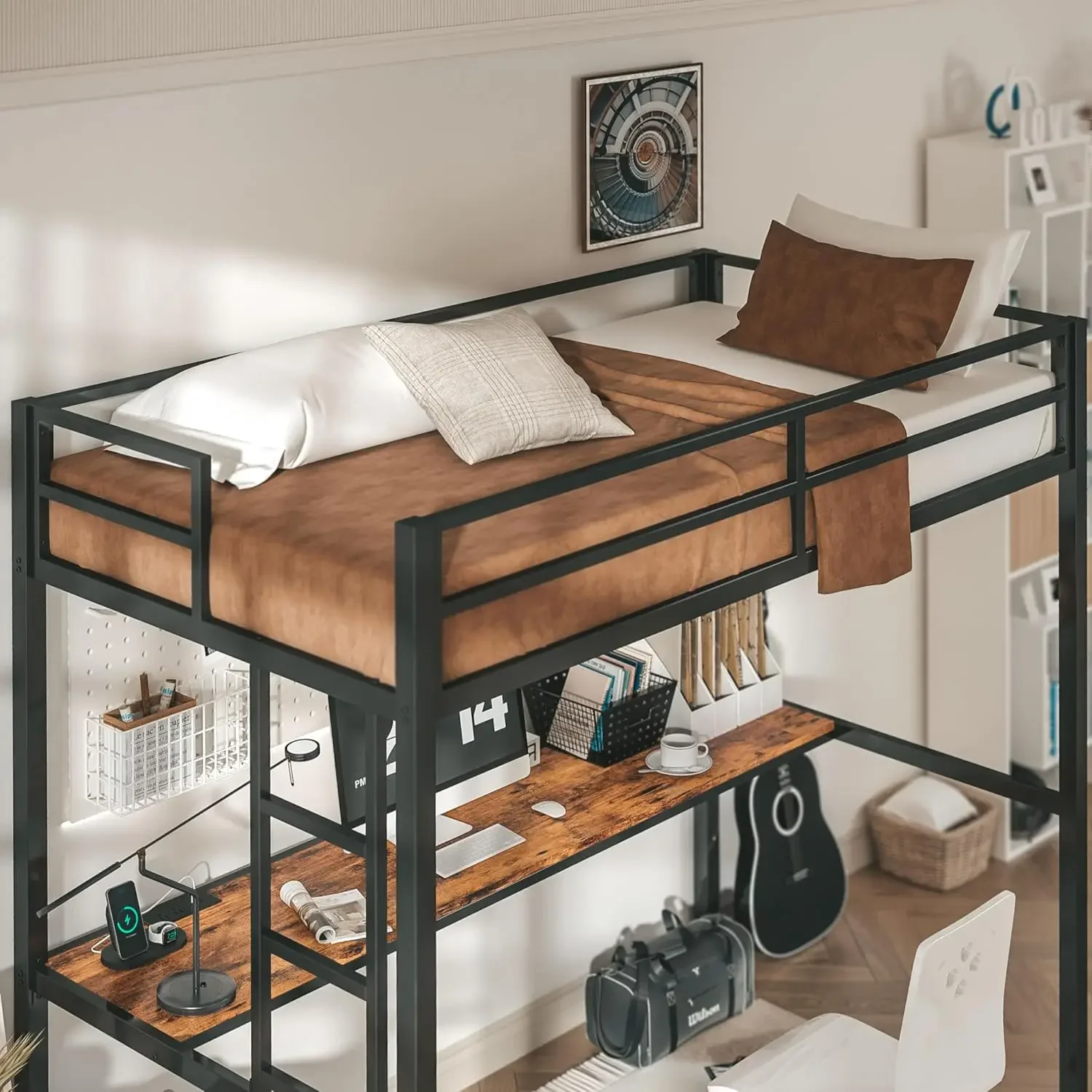 Lit double avec bureau, cadre de lit loft en métal avec prise de courant et éclairage LED, peu encombrant, antibruit, noir