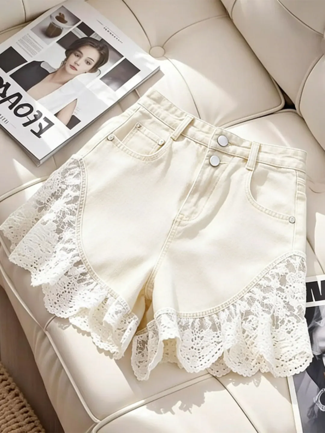 High Waist Lace Splice Denim Shorts Women's Summer Sweet Flounce Slimming Versatile Hot Pants Fashionable Lady's Jeans