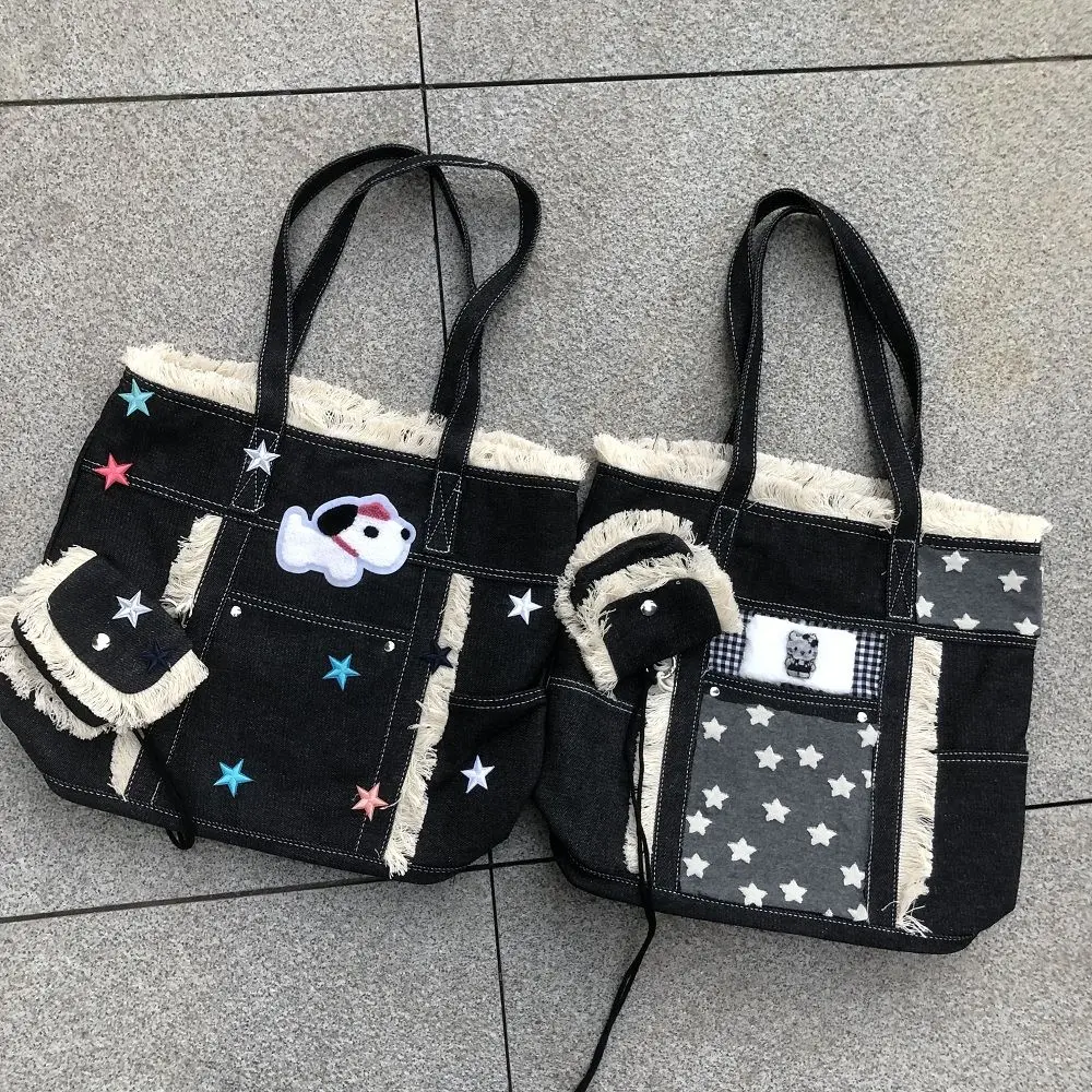 JIAERDI Vintage Harajuku Kitty Tote Bag Women Raw Edge Large Capacity Patchwork Shoulder Bags Ladies Star Print Everyday Handbag