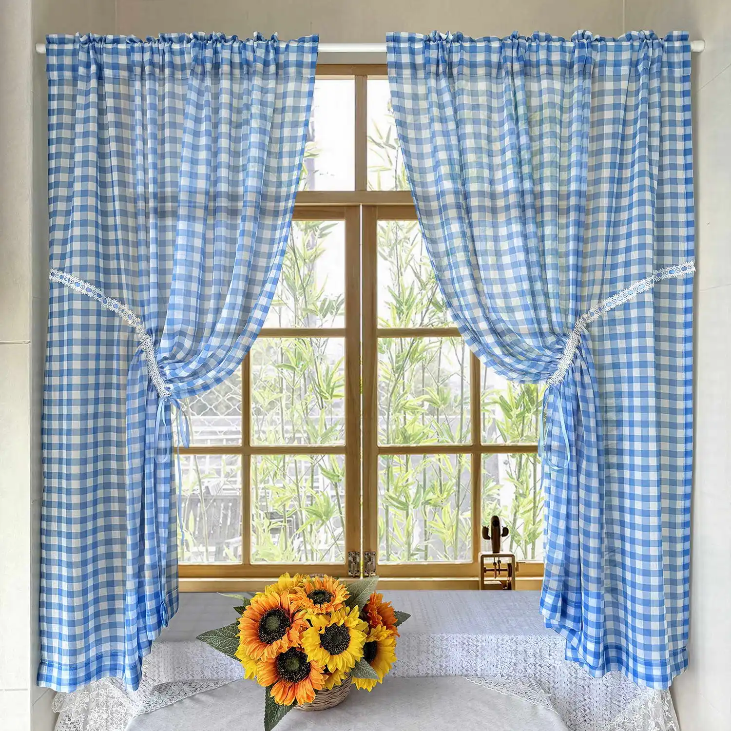 2PC Blue Lattice Gauze Curtain for Living Room Sheer With White Lace Kitchen Balcony Home Decoration Window Drape