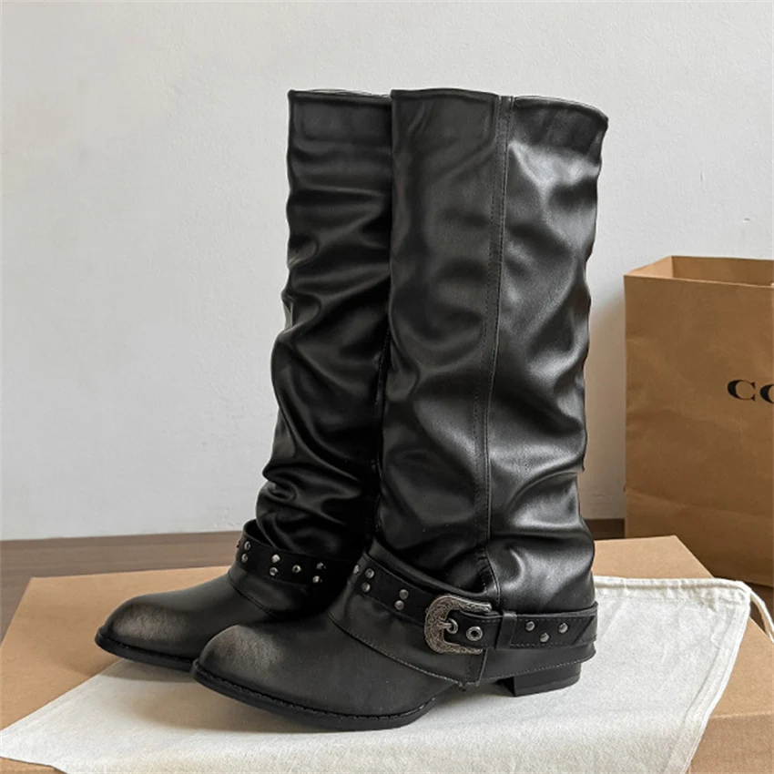 Punk-Style Belt Buckle Mid-Calf Boots for Women Square Heel Motorcycle Boots Pu Leather Pleated Boots Street Retro Riding Boots