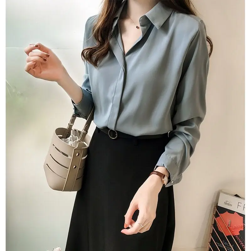 

Autumn Solid Color Elegant Long Sleeve Chiffon Shirt Women Simple Top