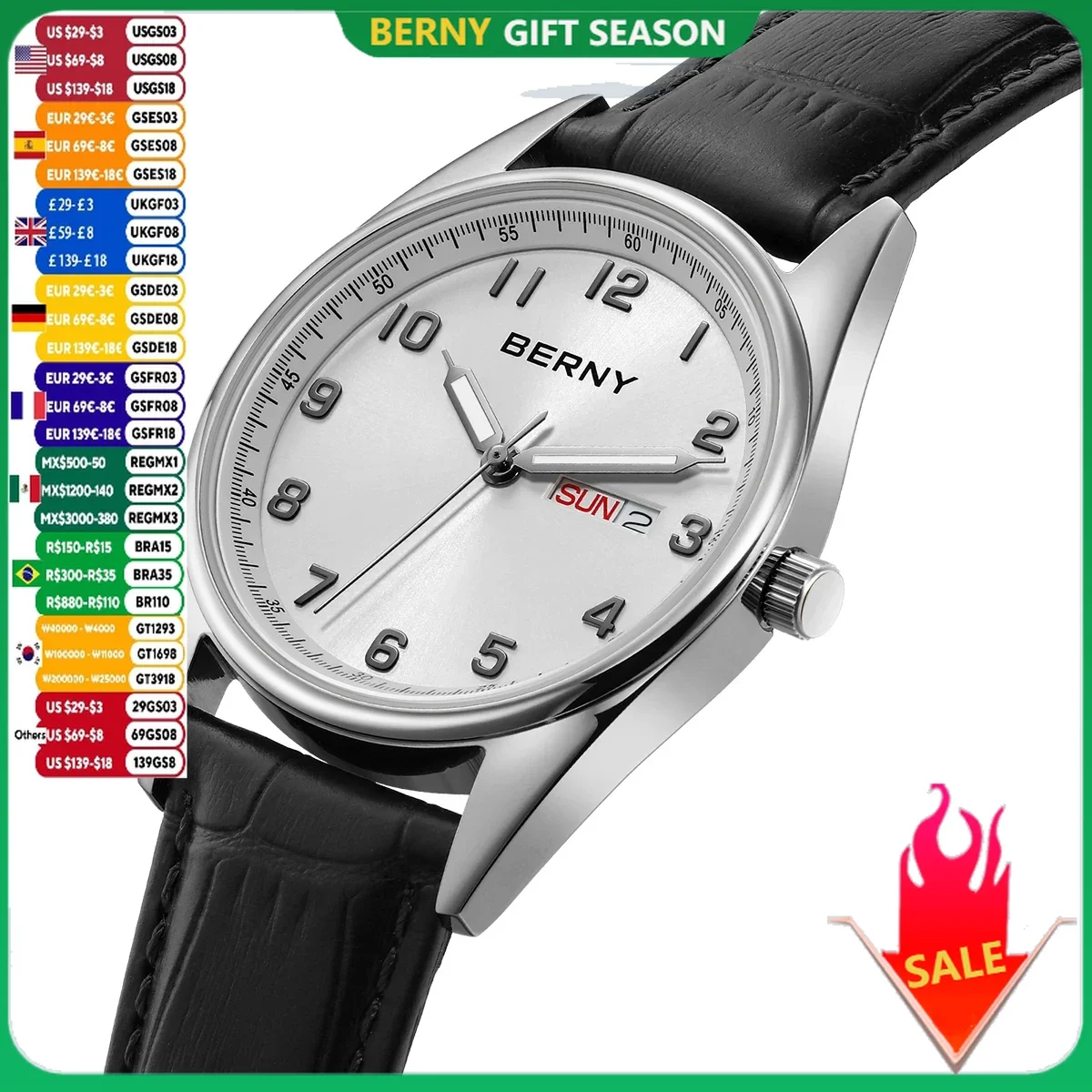 BERNY Quartz Watches for Men Classic Date Week Luminous Luxury Men\'s Business Dress Watch Elegant Lightweight Sports Wristwatch