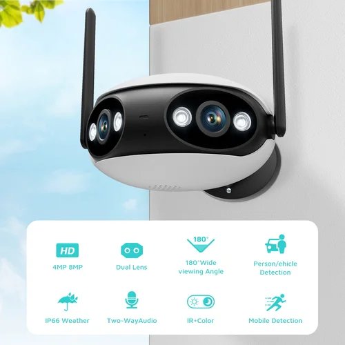 Imagen 2 del producto Cámara IP Wifi 4MP 2K HD Lente dual exterior 180 °   Cámara de seguridad con ángulo de visión, detección humana, cámara de vigilancia POE panorámica iCSee