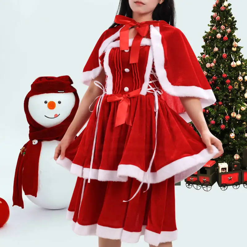 2025 عيد الميلاد تنورة تأثيري فستان عيد الميلاد ليتل الأحمر ركوب هود فستان بحزام مع شال صغير مثير الأرنب فتاة