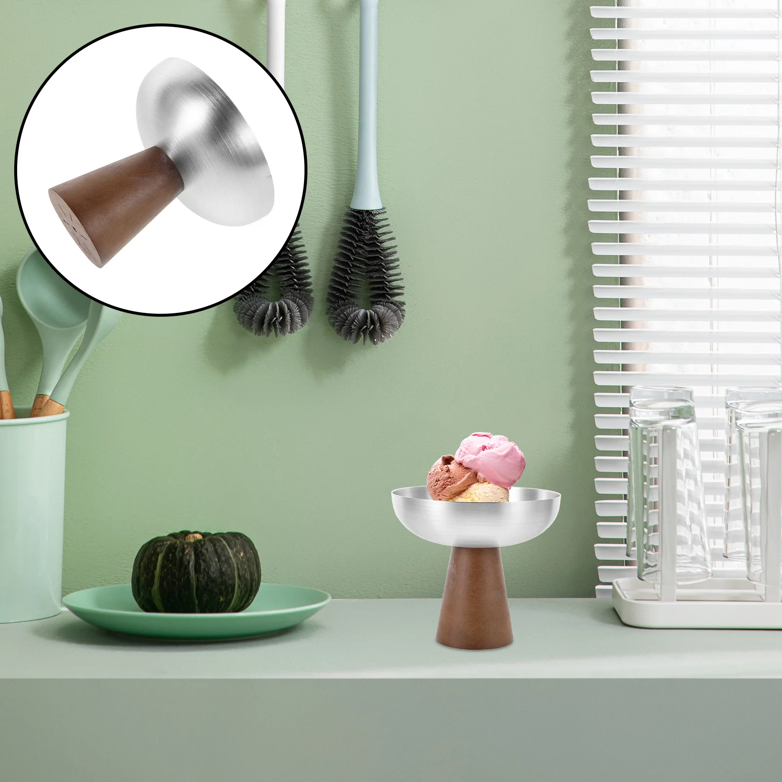 

Stainless Steel Dessert Cups Wooden High Footed Ice Cream Bowl Fruit Pudding Salad Serving Plates Party Restaurant Use