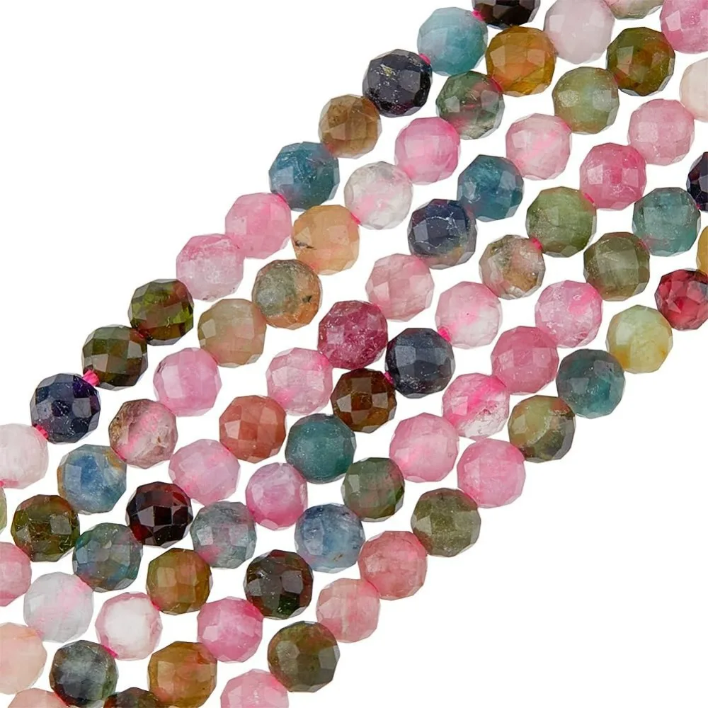 2 Strands 3mm Faceted Natural Tourmaline Beads Round Loose Gemstone Mixed Color Spacer Beads for DIY Necklace