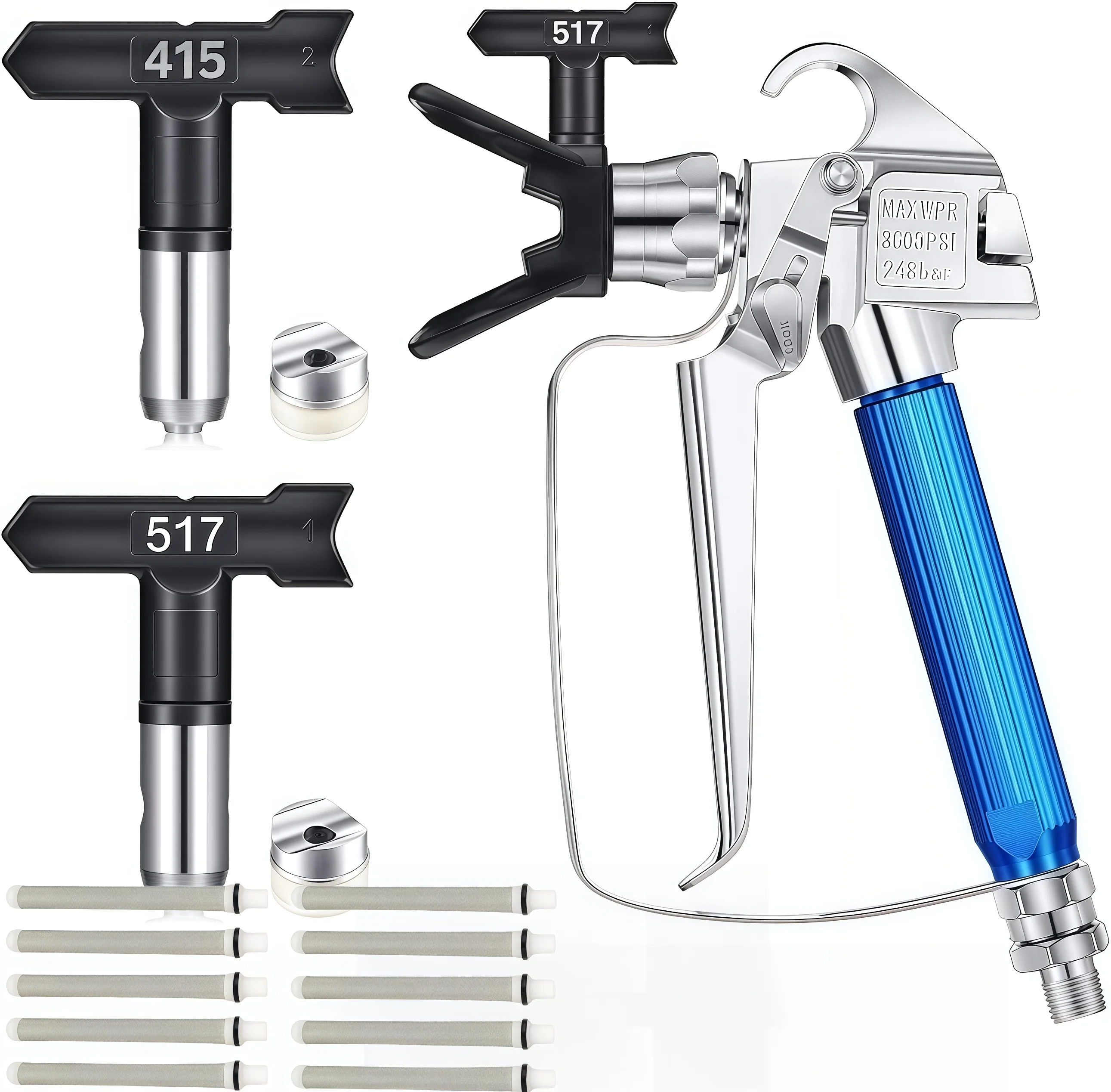 Airless Paint Spray Gun Kit with 2 Reversible Tips (415 517), Filters & Seals, High Pressure Spray Set for Wall Ceiling