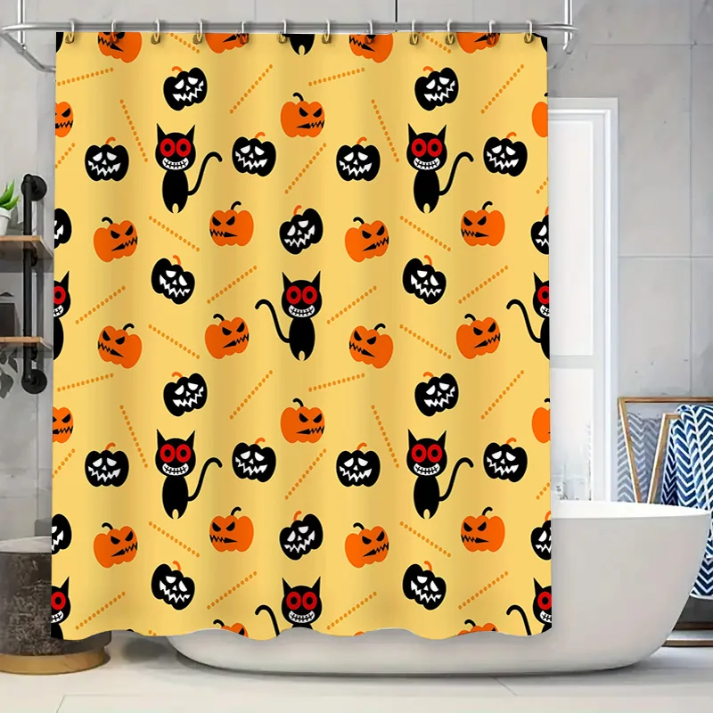 Halloween-themed shower curtain featuring black cats and pumpkins for a spooky bathroom decor upgrade! Perfect gift idea for Oct