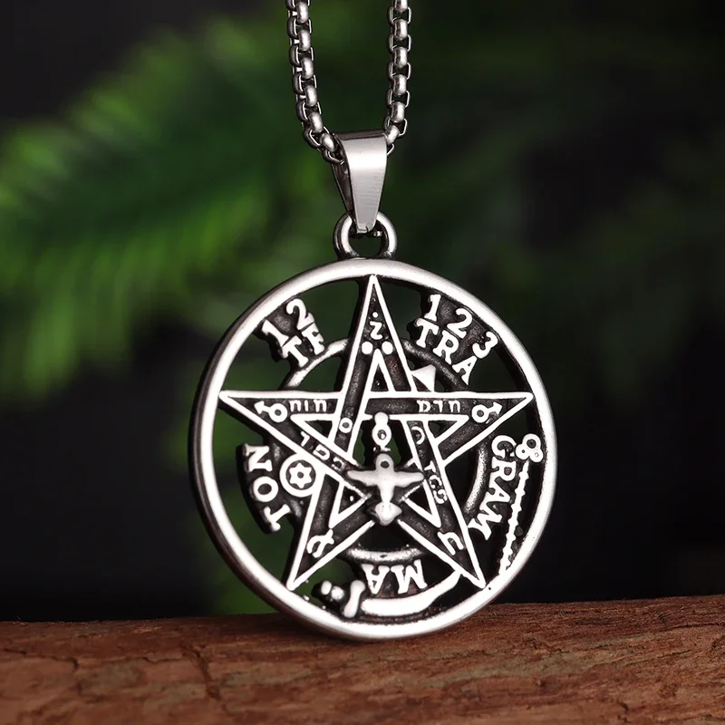 Stainless Steel Witchcraft Pentagram Pendant Men\\'s Jewish Hebrew Tetragrammaton Necklace Men\\'s Vintage Amulet Jewelry