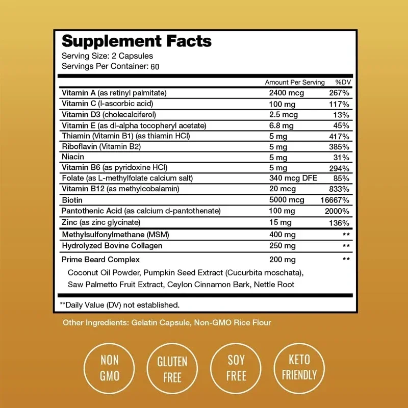 Prime Beard Vitamins - Manly, Thick, Fast and Healthy Men's Beards with Beard Vitamins with Biotin, Collagen and Saw Palmetto