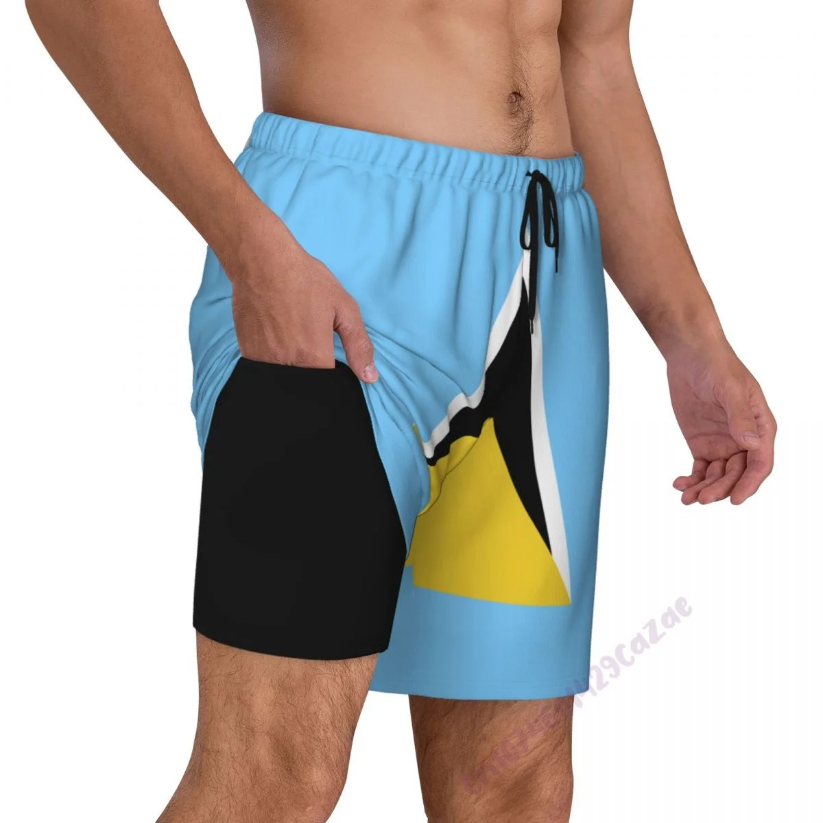 Saint Lucia Flag 3D Mens Swimming Trunks With Compression Liner 2 in 1 Quick-Dry Summer Swim Shorts With Pockets