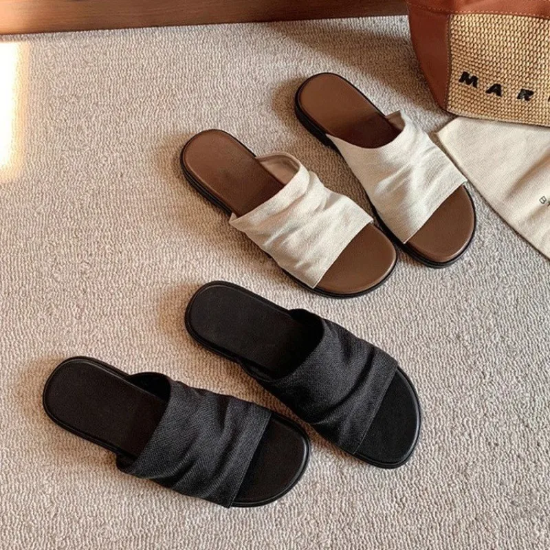 

Fashion Women's Slippers Fabric Morden Slippers Holiday-style Beach Linen Pleated Flat Sandals Women's Summer Slippers