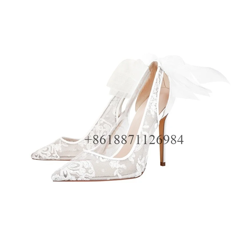 White Mesh Embroidery Butterfly Knot Pointed Toe Women Pumps Shoes Stiletto High Heels Slip On Design Large Size Wedding Shoes