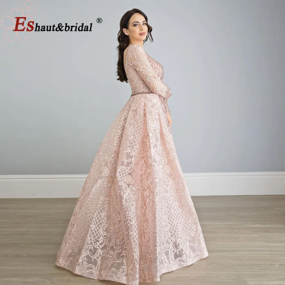 Elegant Dubai Lace Evening Dress for Women 2024 V Neck Aline Crystal Long Sleeves Formal Prom Wedding Party Gowns Customized