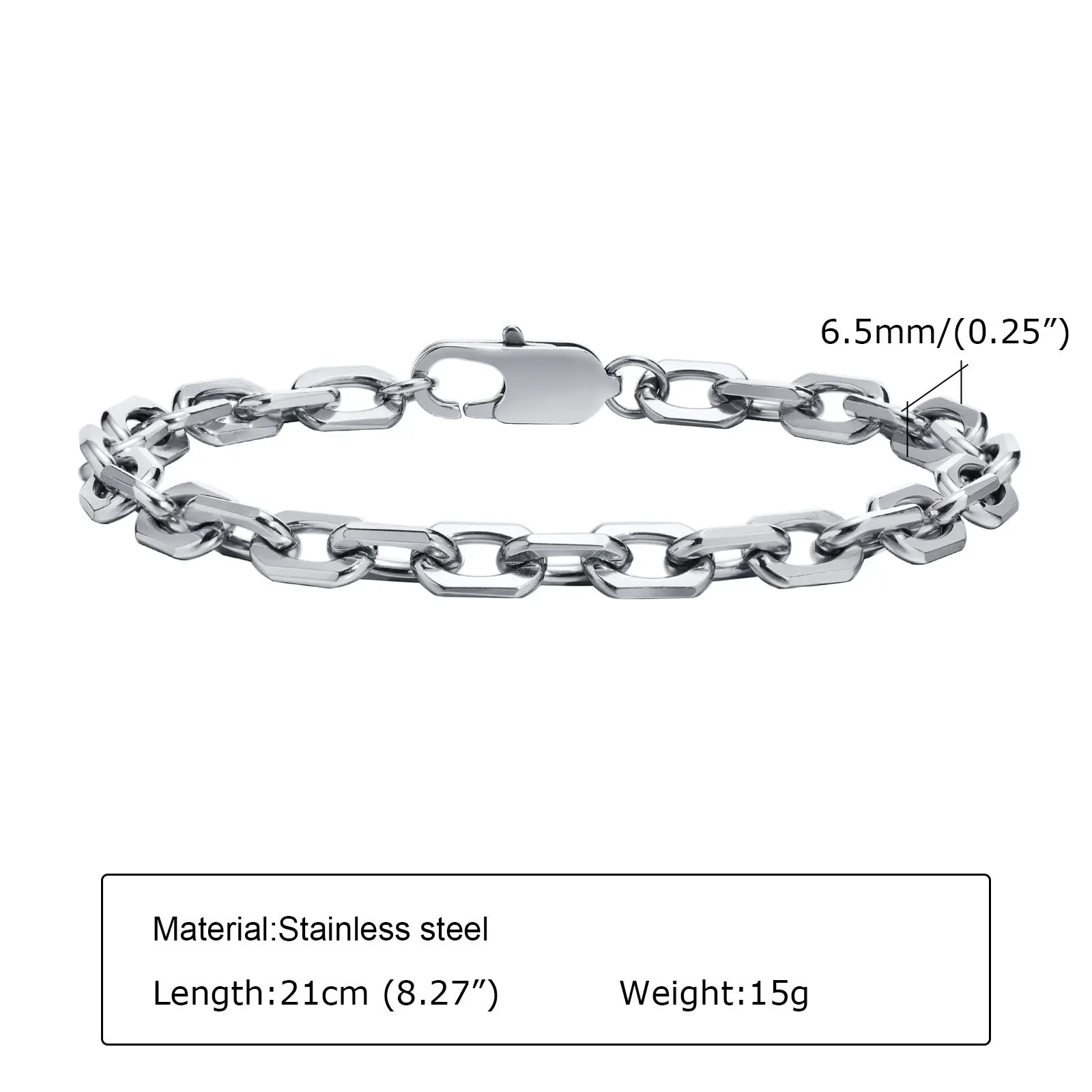 Basic 6.5MM Belcher Chain Bracelets for Men,Waterproof Stainless Steel Square Geometric Links Wristband Gift,pulseira
