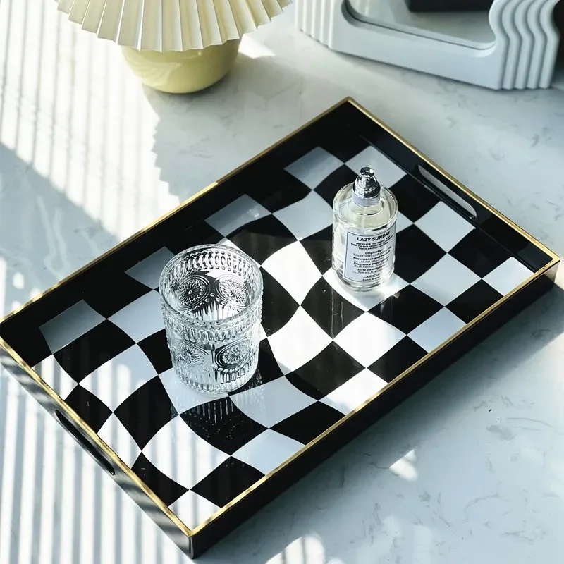 PE Plastic Black and White Checkered Storage Tray, Living Room Coffee Table Decorated Tea Tray, Family Party Rectangular Tray