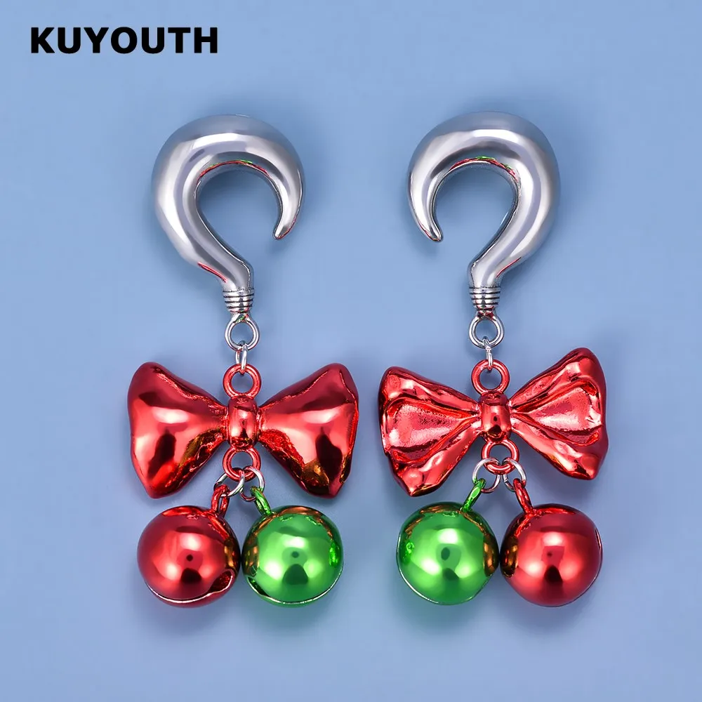 KUYOUTH New Stainless Steel Christmas Bells Ear Weight Piercing Gauges Body Jewelry Earring Expanders Stretchers 6mm 2PCS