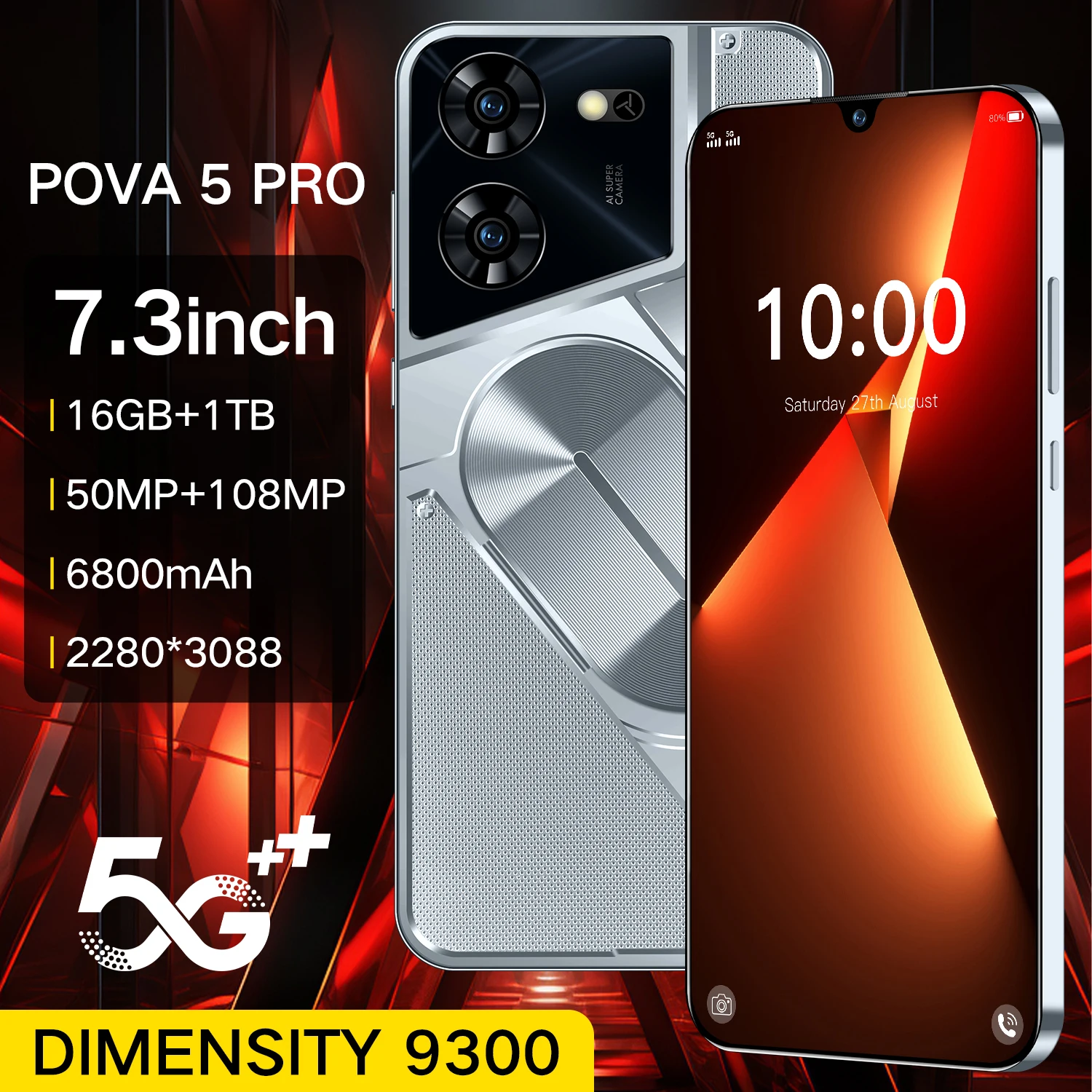 2024 globalny ekran Pova 5 Pro 7.3HD 2280*3088 16GB + 1TB 6800Mah Android 14 Celulare Dual Sim Face odblokowany 5G oryginalny smartfon