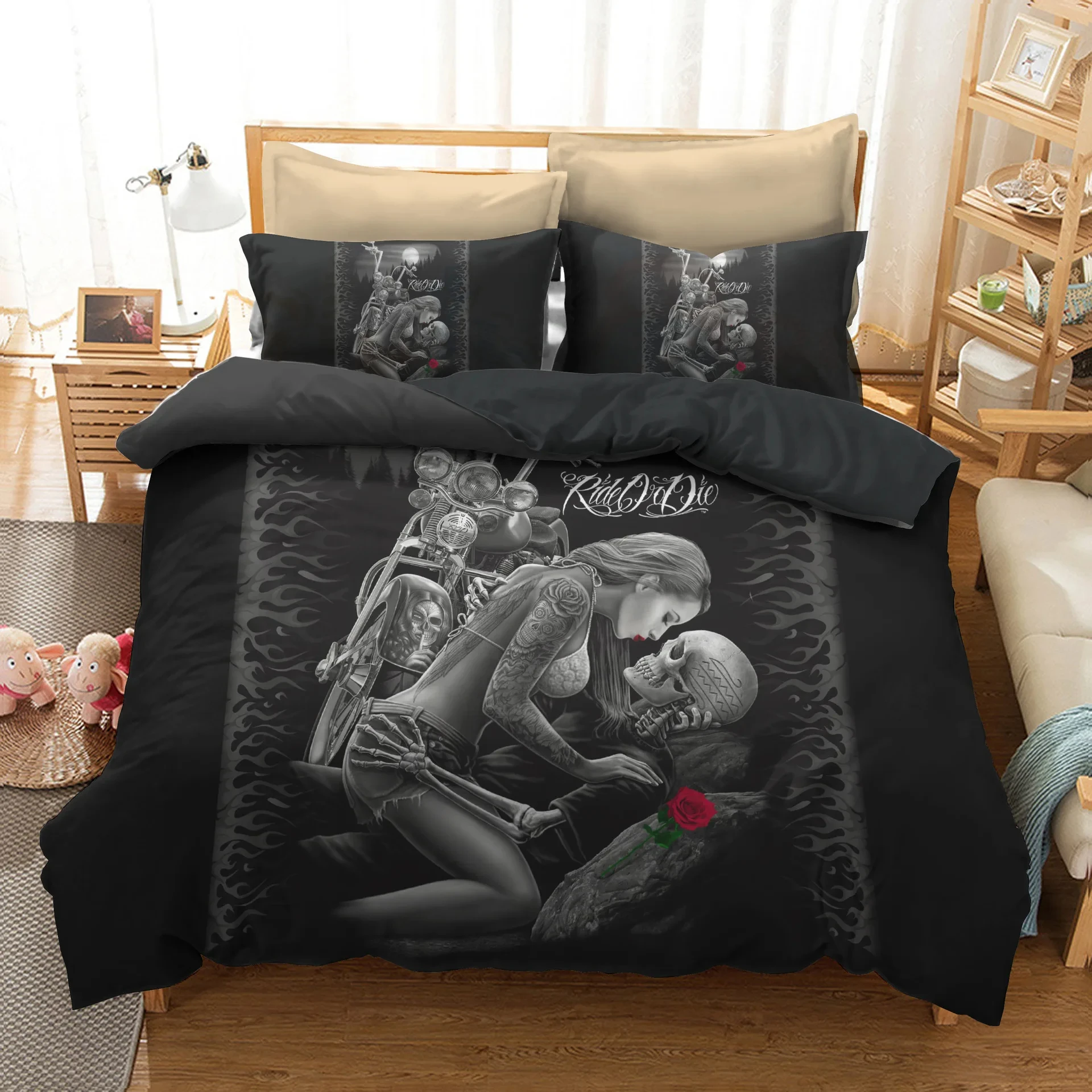 Human Skeleton Skull 3D Printed Bedding Set Motorcyc and Beauty Duvet Cover Sets Beds Quilt Covers Single Double Queen King Size