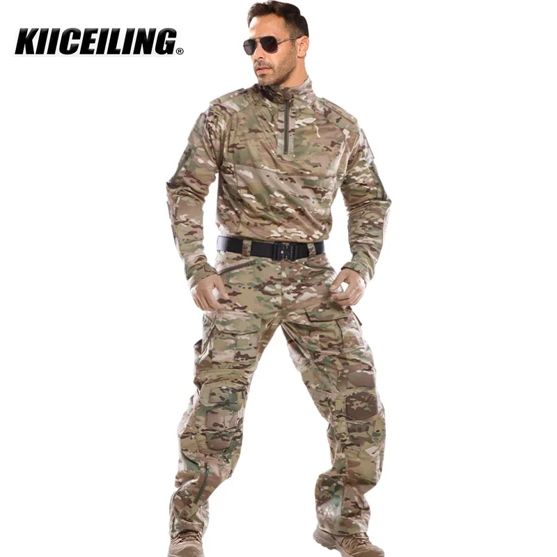 KIICEILING Outdoor Hunting  Multicam Shirts And Combat Pants Camouflage Tactical Uniform Clothes Ghillie Suit With Knee Pads