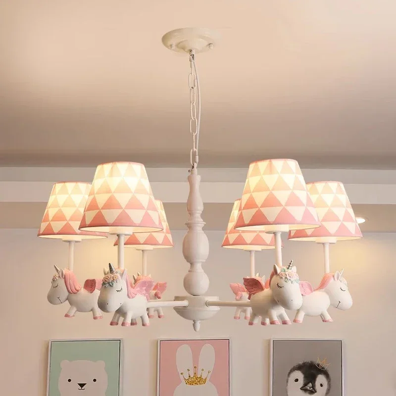 Nordic Warm Romantic Baby Room Princess Room Girl Bedroom Chandelier Cute Children's Room Chandeliers LED Rotating Pegasus Lamps