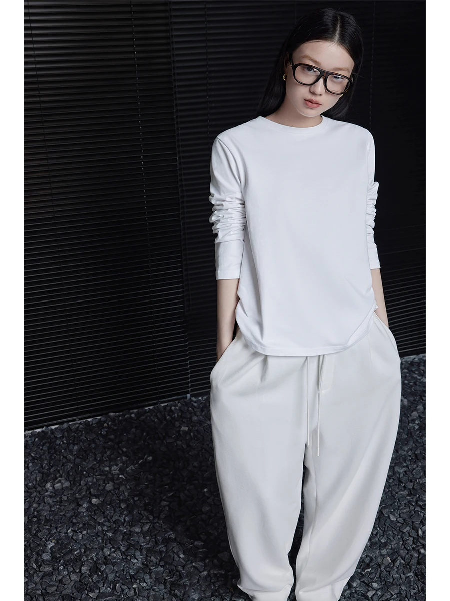 

White Pure Cotton Fce Long Sve T-irt Women's Unique Design Street Sle Autumn New Arrival GMD2432