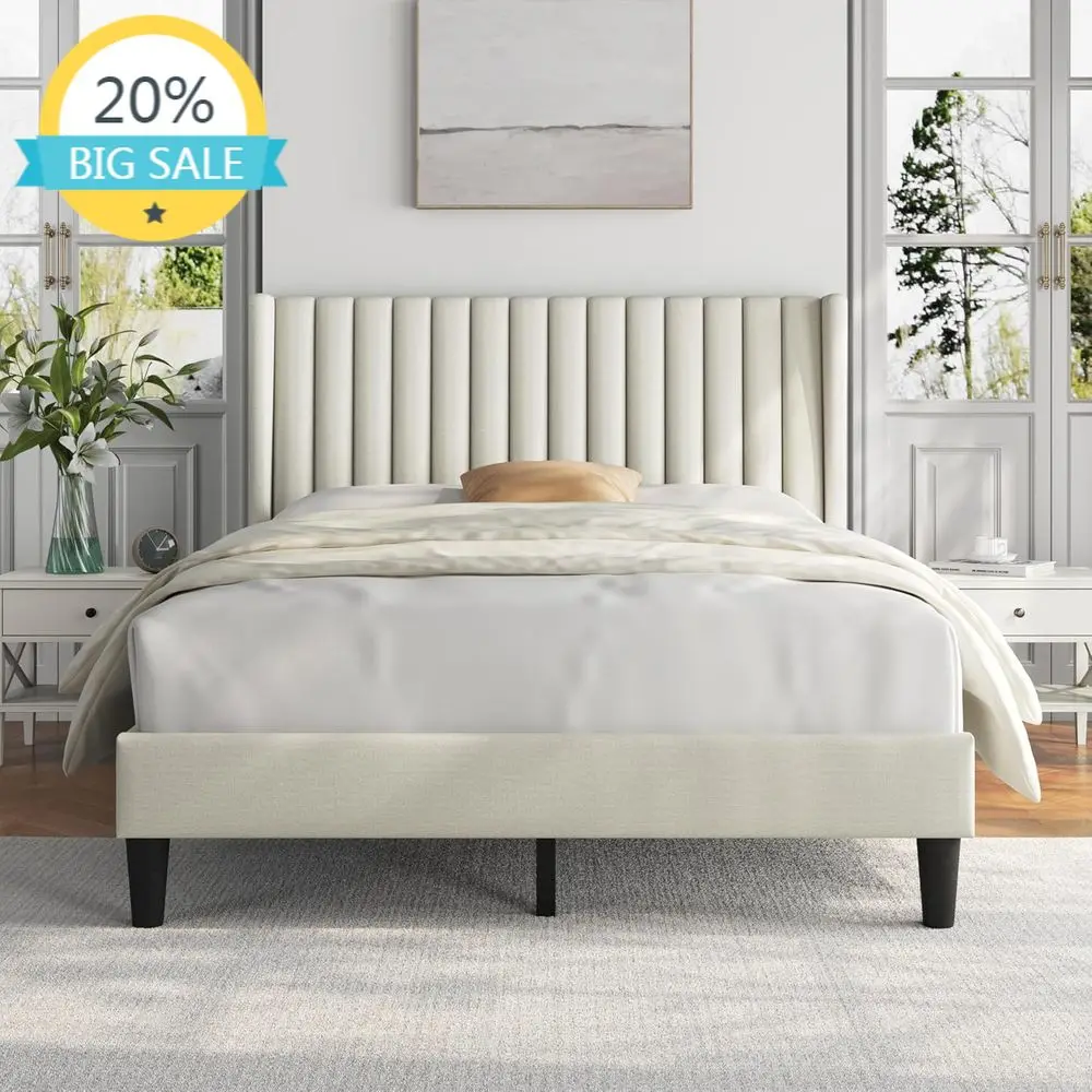 

Кровать-платформа с обивкой из ткани цвета слоновой кости, с бортиками, нескользящая, с деревянными ламелями, не требует пружинного блока, простая сборка