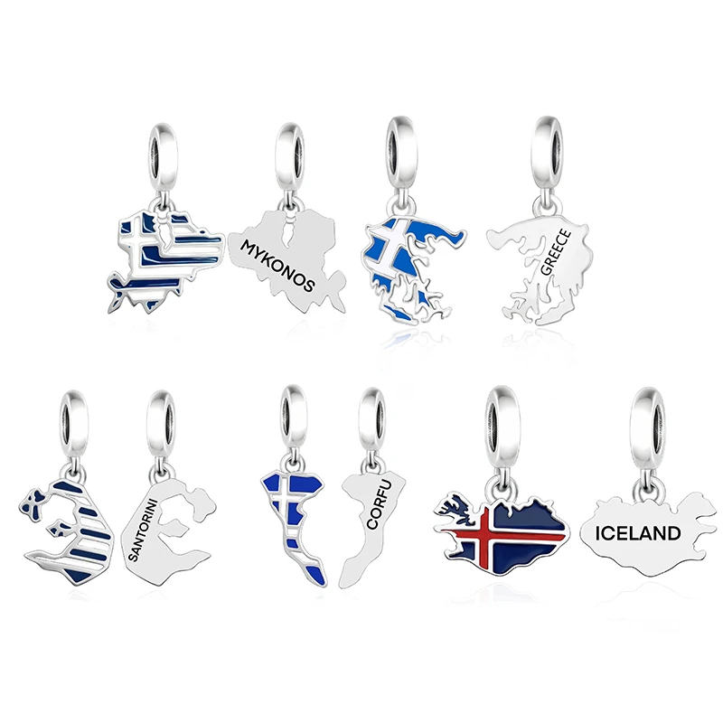 Abalorio de Plata de Ley 925 con Mapa de Grecia, MYKONOS, SANTORINI, Compatible con Pulseras Pandora Originales, para Niñas, Joyería, Estilo Berluque, DIY