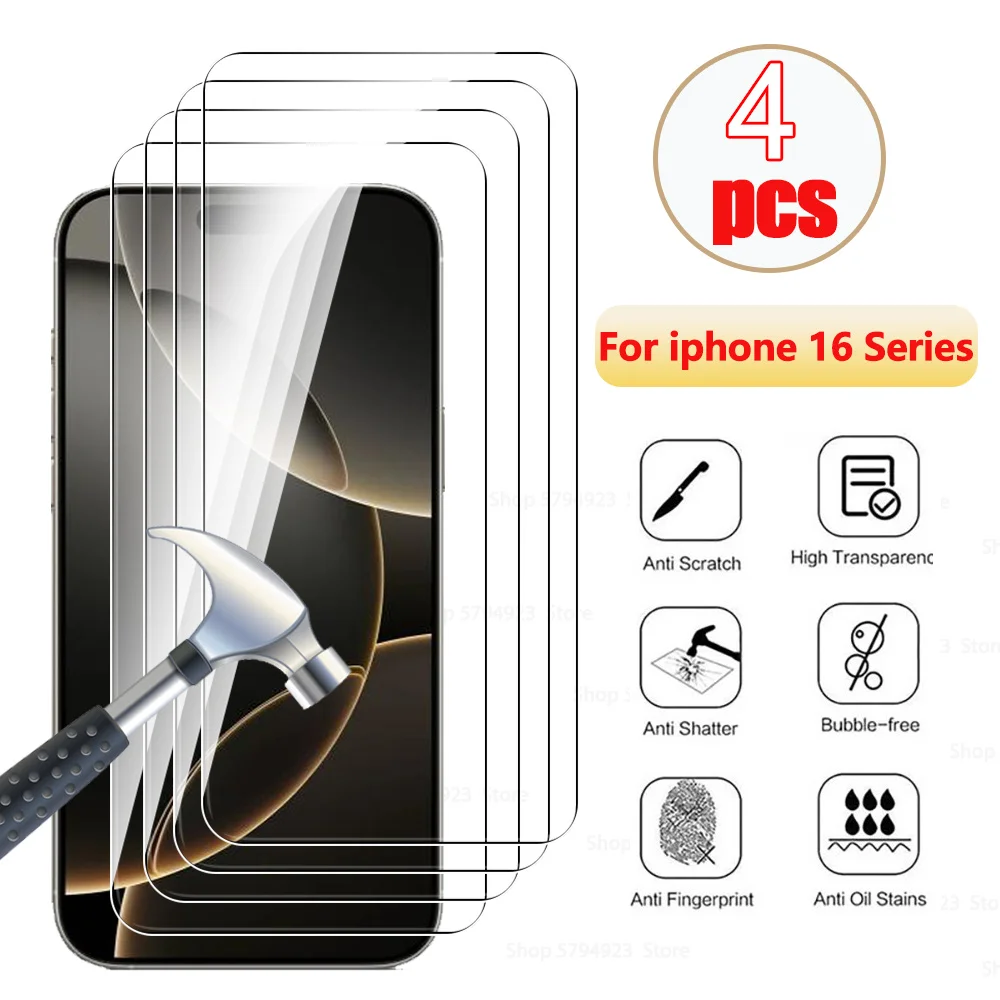 4Pcs For iPhone 16 Pro Max 2024 Glass Screen Protectors For iphone16ProMax 16 Plus Full Coverage Protective Glass iphon16Pro Max