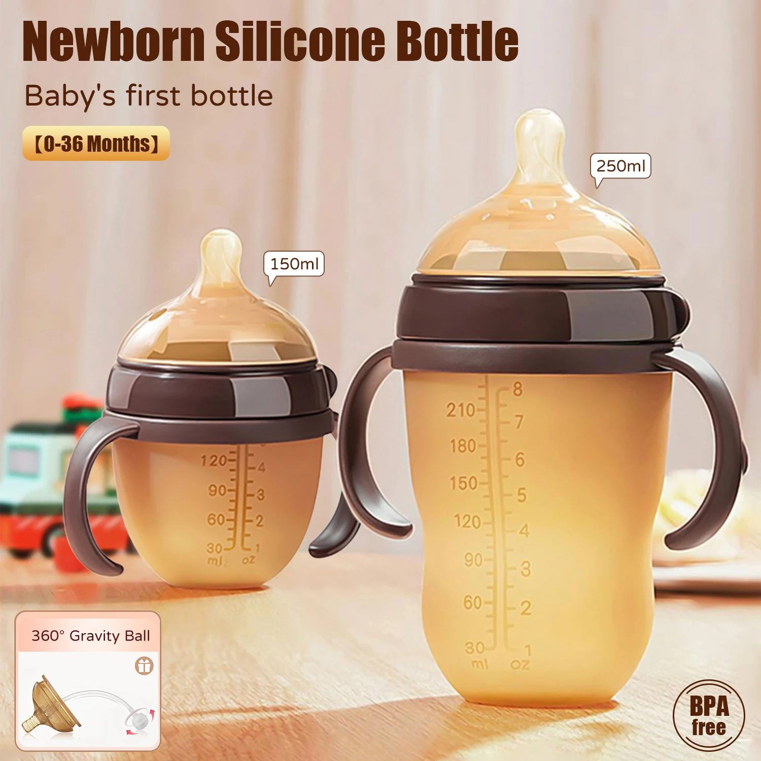 150ml/240ml wide caliber baby silicone bottle, BPA-free imitation breast milk bottle, suitable for 0-36 months baby use