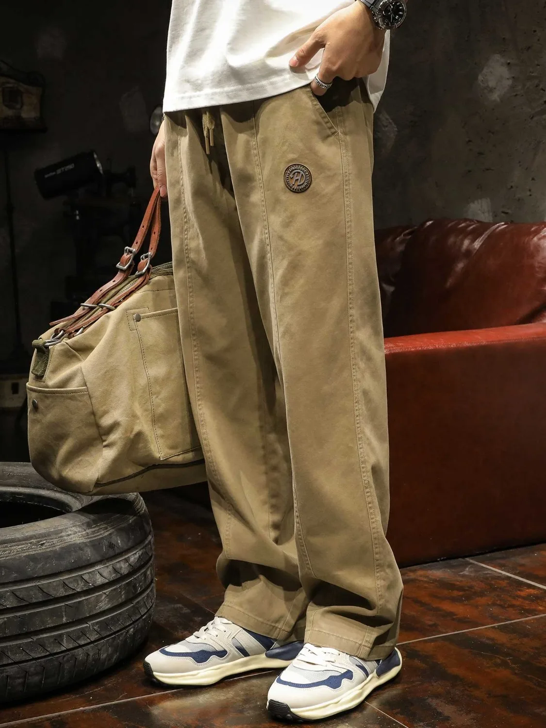 

Pure Cotton American Retro Khaki Stitched Line Casual Pants plus Size Men Design Sensation Small Audience Straight Leg Pants