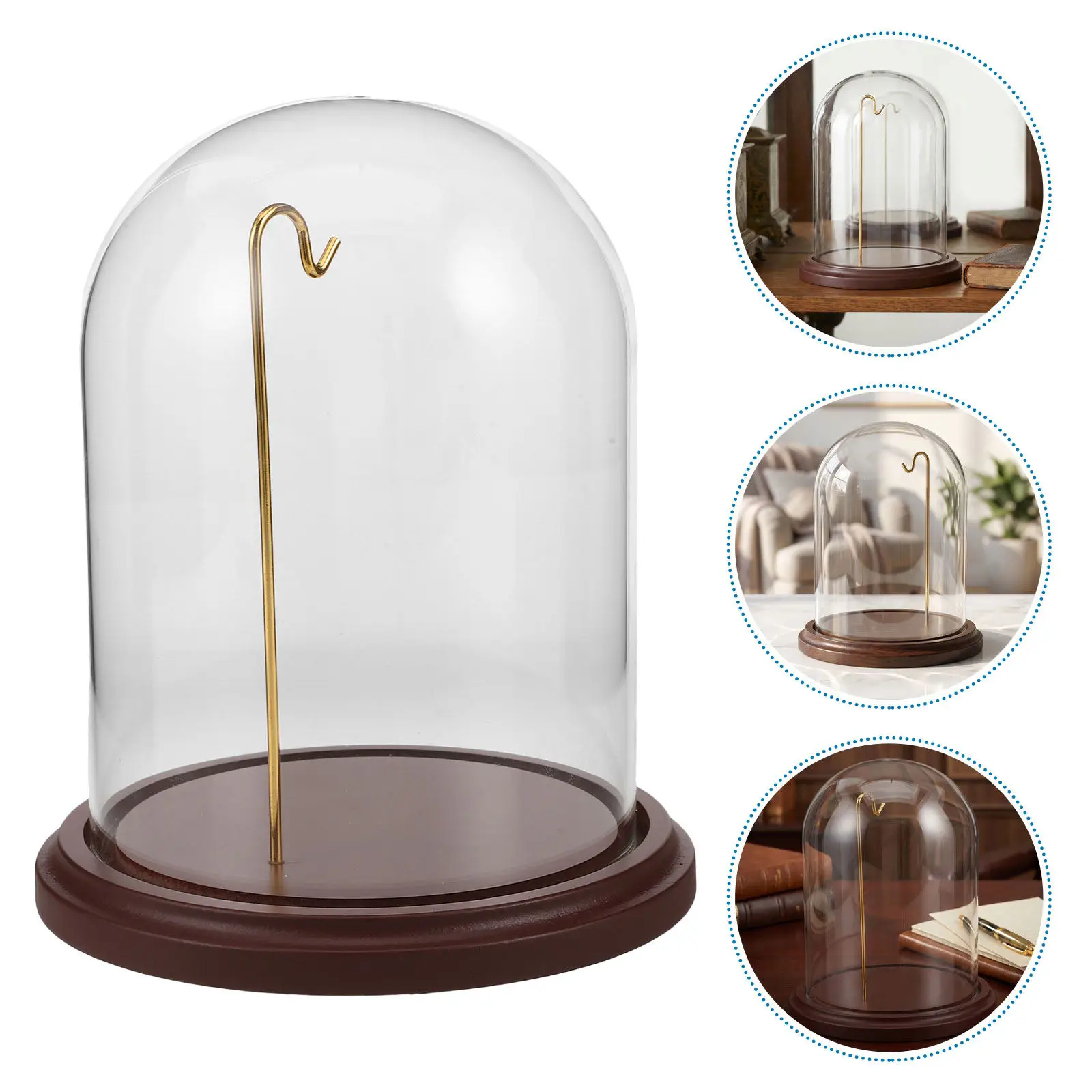 Clear Glass Dome Pocket Watch Display with Polished Base Gold Metal Hook Dustproof Scratch Resistant Compact Desk Display