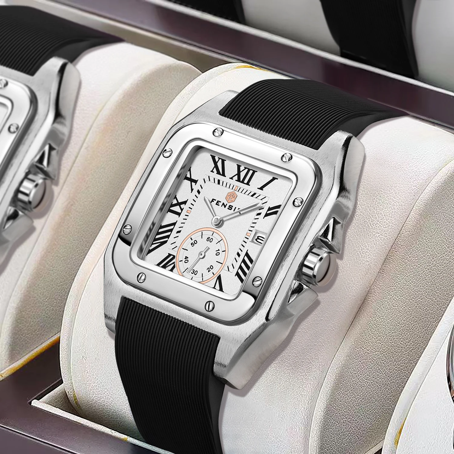 ساعة رجال الأعمال الجديدة من سلسلة Santos Tank، مينا مربعة، مع عرض التقويم، متوفرة بحزام سيليكون وحزام جلدي، ساعة يد رجالية عصرية فاخرة وبسيطة وأنيقة