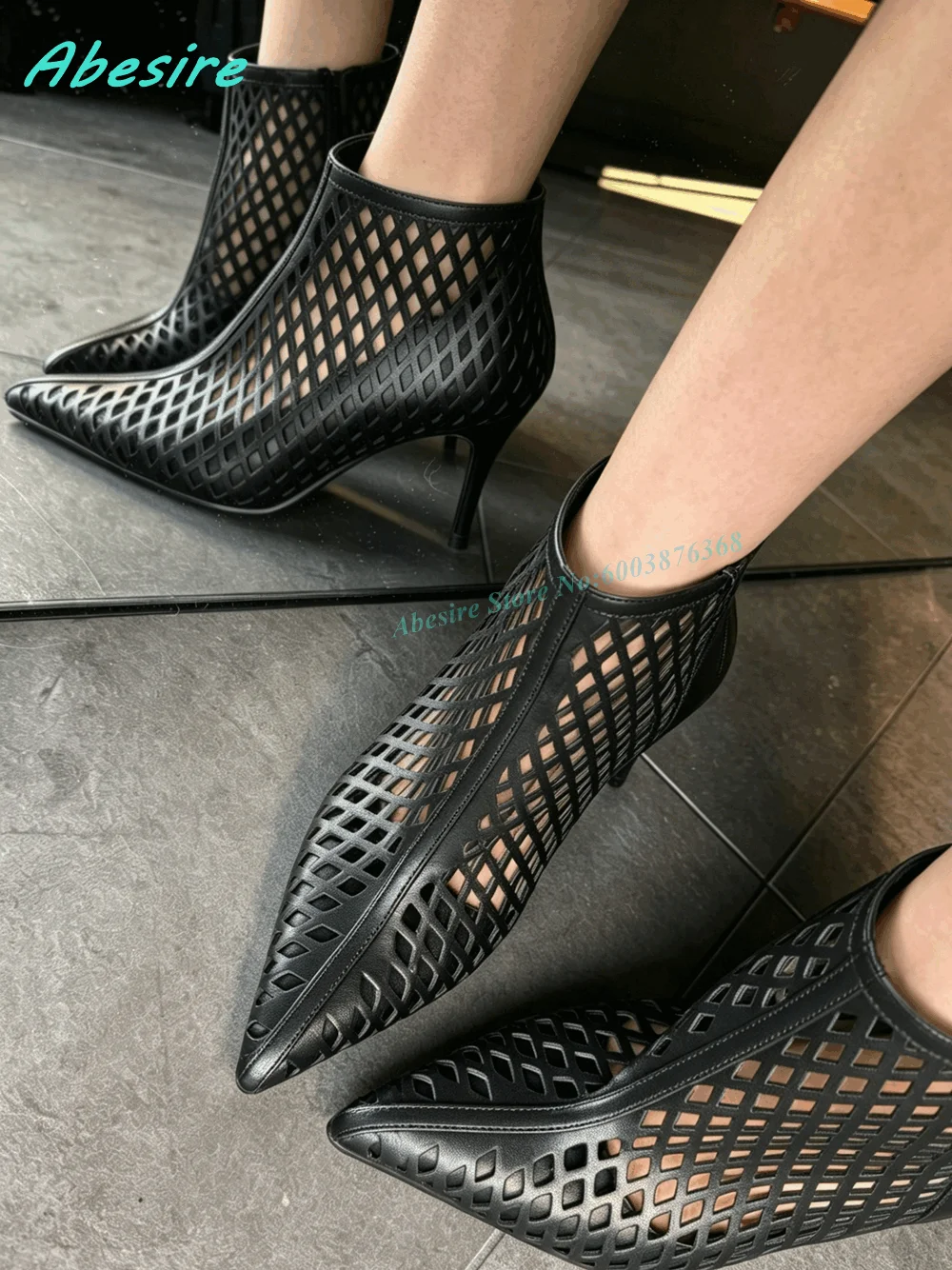 Black Leather Hollow Out Mesh Sandal Boots Pointed Toe Thin Heels Cut-Out Women's Sandals Sexy Summer Party Fashion Show Shoes