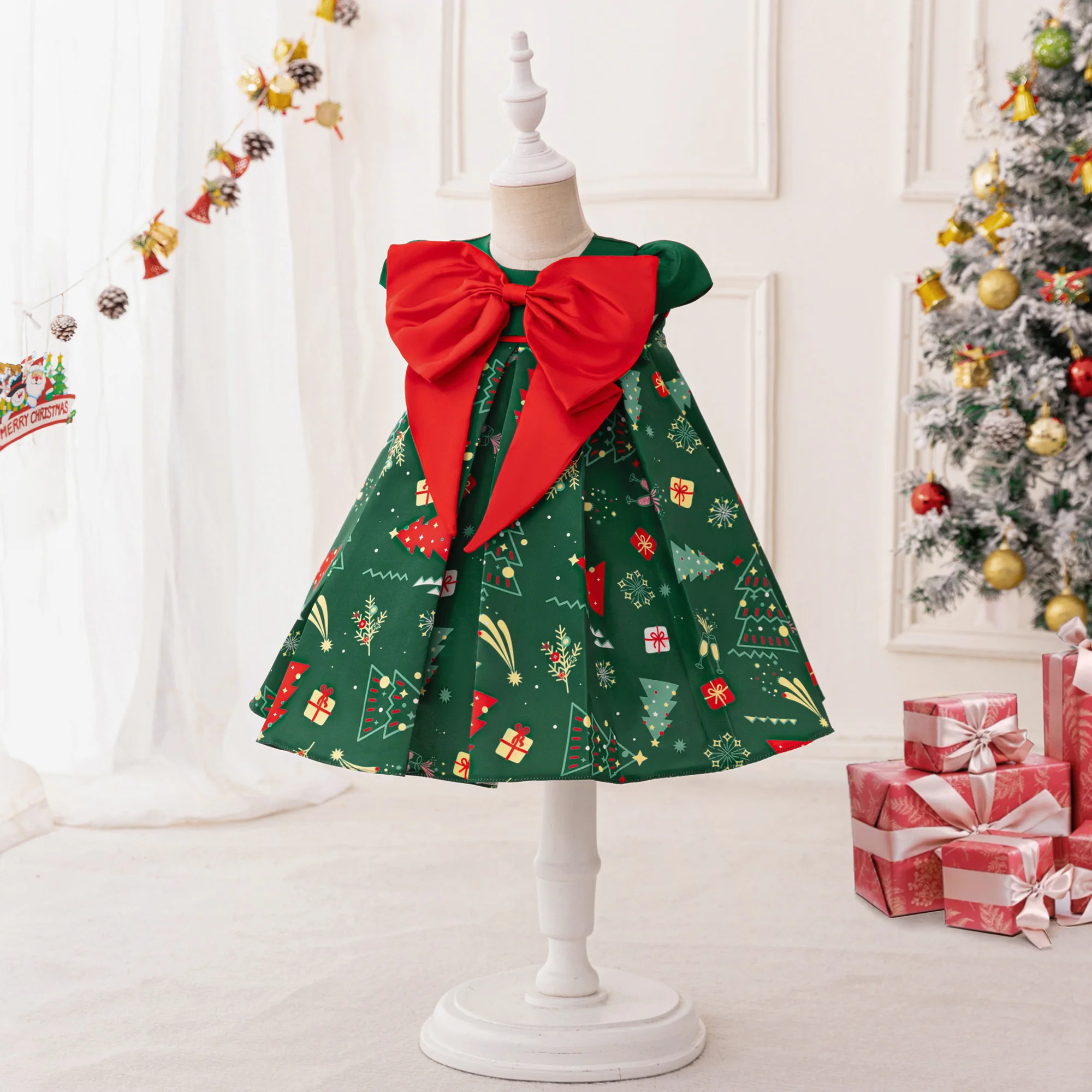 Big Red Bow Christmas Party Girls Dress Carnival Halloween Costume Xmas Tree Candy Birthday Wedding Princess Dress Kids Clothing