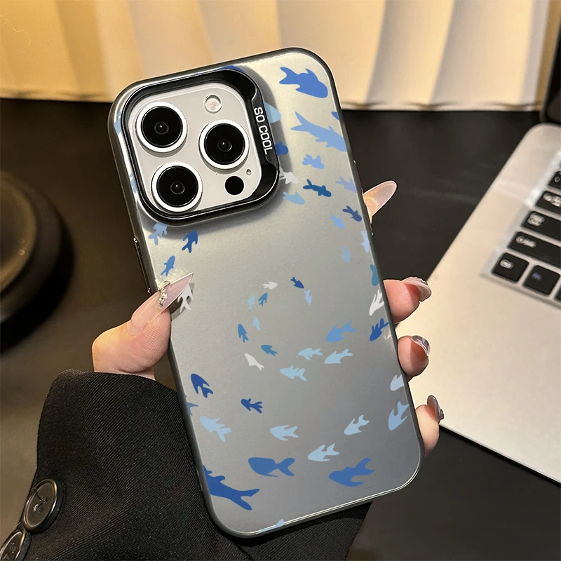 Rotating Fish Schools Pattern Phone Case For iPhone 16 15 14 13 12 11 Pro Max 16E XS X XR 7 8 16 Plus IMD Laser Hard PC Cover