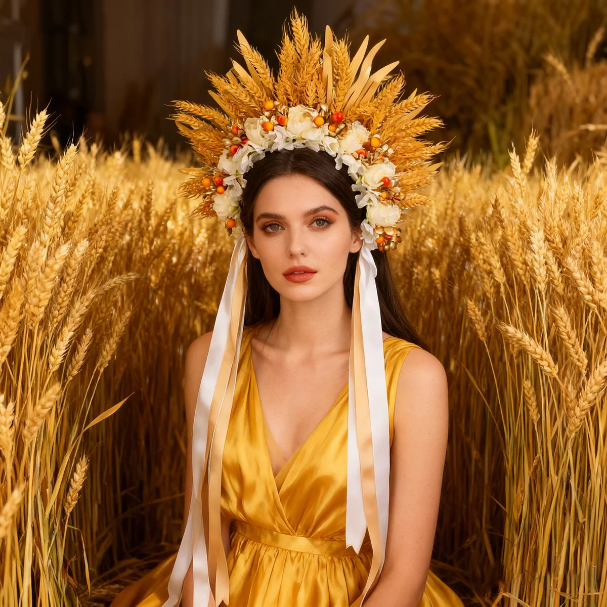 

Повязка для волос ручной работы с пшеничными шипами и цветочным принтом с длинной лентой с кисточками, аксессуары для волос на День Благодарения, рождественские вечеринки