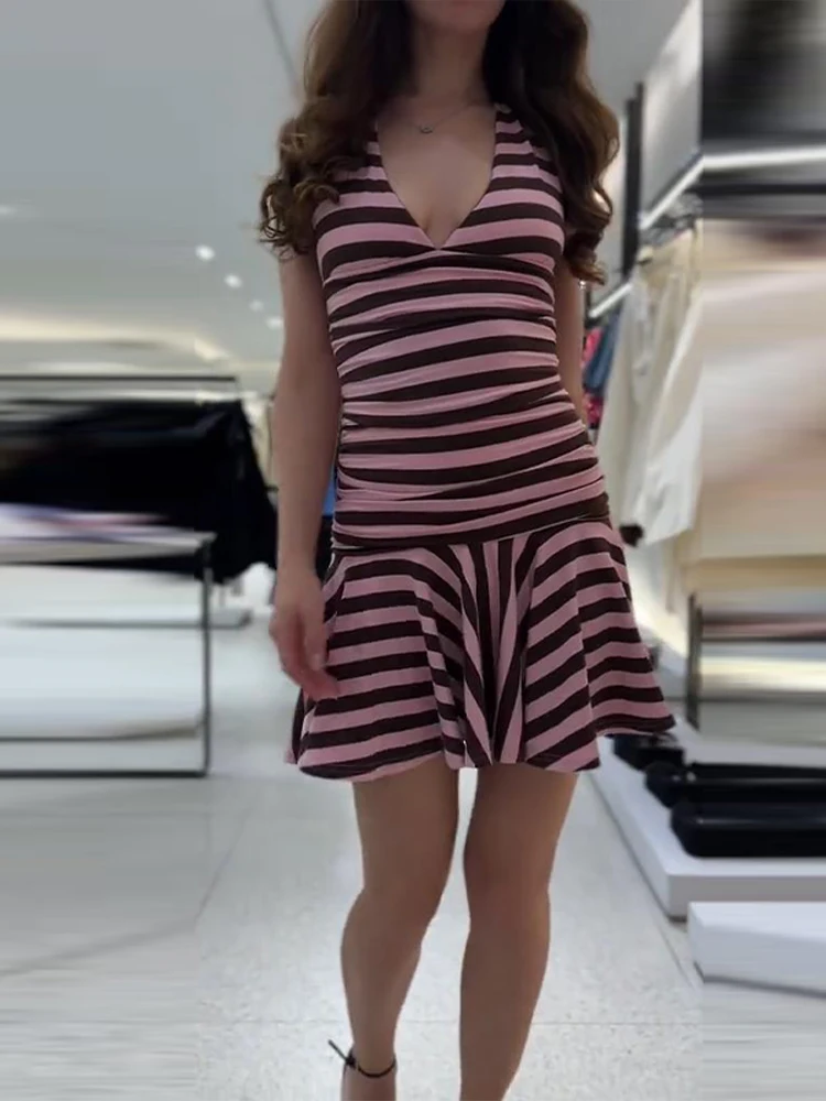 Damen-Minikleid mit tiefem V-Ausschnitt, rückenfrei, Neckholder, gestreift, charmantes, ärmelloses, plissiertes, schmales Partykleid mit Schnürung, neue Roben – Detail 9