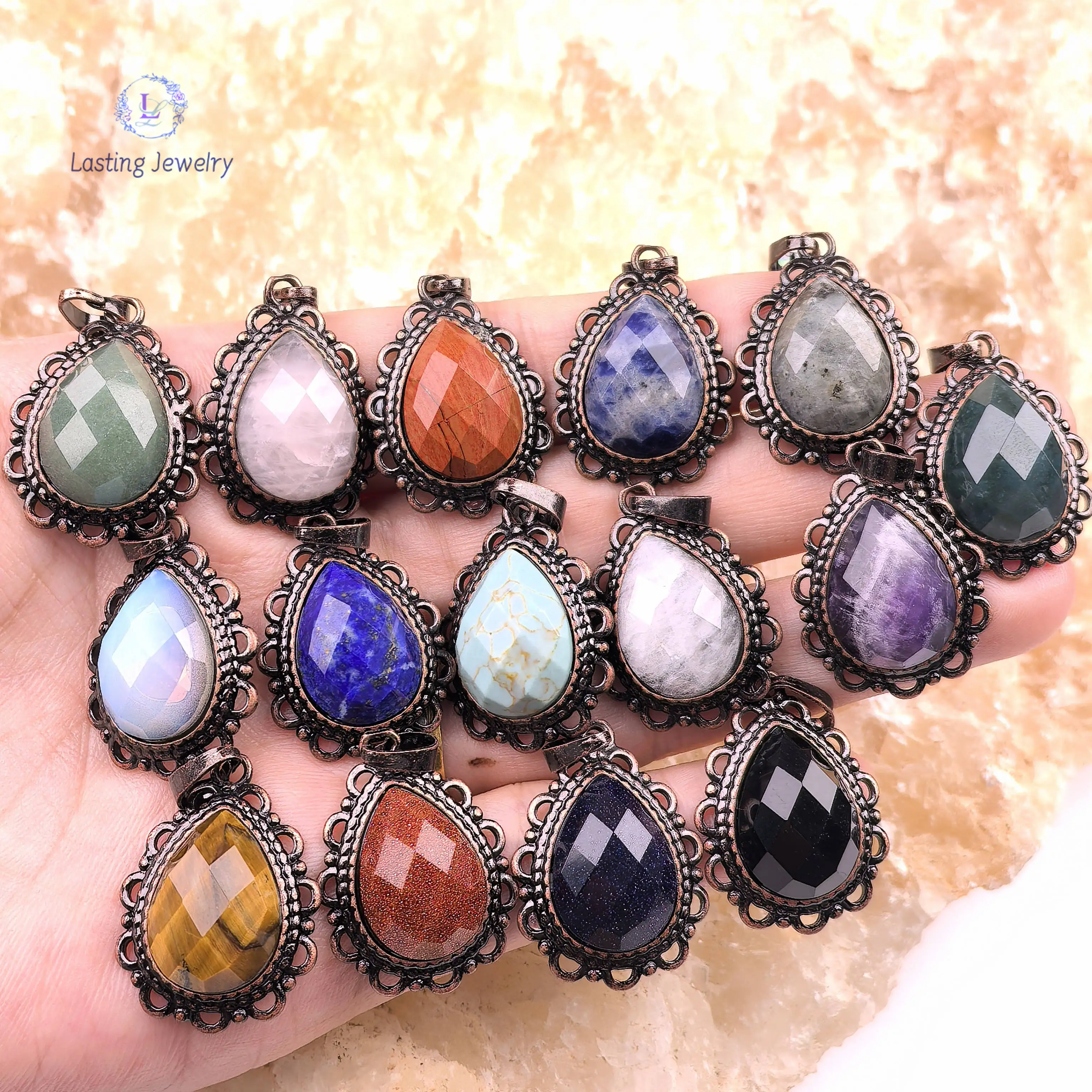 

Antique Cooper Teardrop Pendants,Faceted Gemstone Cabochon Healing Crystal Aventurine Rose Quartz Charms Necklace Jewelry Making