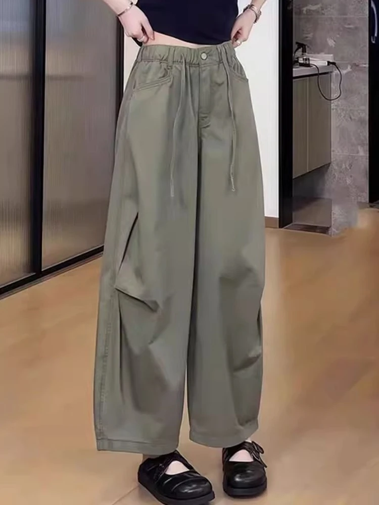

Unique Pure Color Wide Leg Nine Pants Women's Summer 2025 Elastic Waist Trendy Trousers Korean Style Commute High Waist