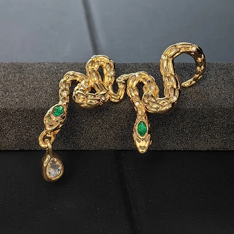 

Italy Designer 14K Gold Filled Emerald Snake Chain Necklace Serpent Ear Hoop Boa Huge Stud Earrings Exaggerated Fine Jewelry Set