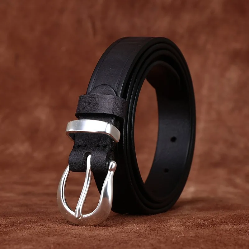 New high-end light luxury silver-plated copper belt for women fashionable and versatile leather top layer
